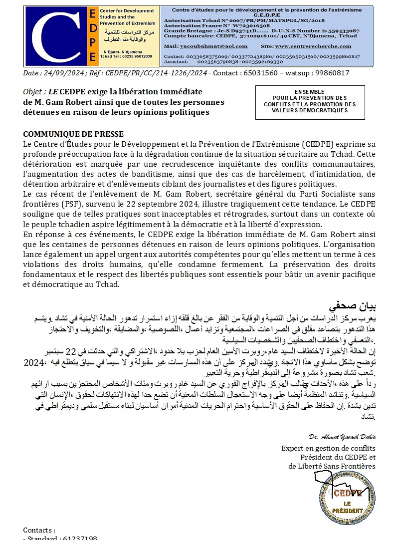 Le CEDPE appelle à mettre un terme aux violations des droits humains au Tchad